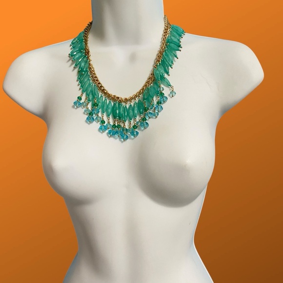 Turquoise & Blue Acrylic & Glass Beads Goldtone Chain Faceted Dangles Necklace - Picture 4 of 8